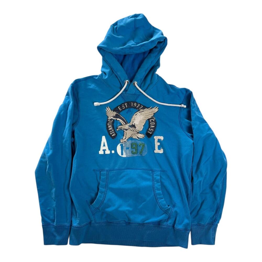 Vintage American Eagle Outfitters Hoodie Mens Medium Blue Fleece Sweatshirt Y2K